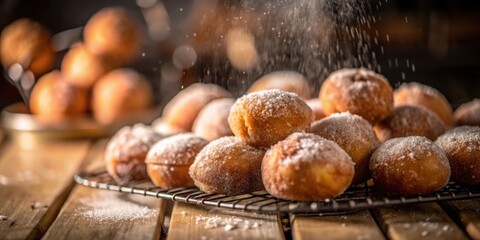 Aufkleber - A Close-Up View of Deliciously Glazed Doughnuts on a Cooling Rack with Powdered Sugar Drizzling Down