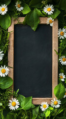 Poster - Spring concept: fresh green herbs and white daisies surrounding an empty blackboard with copy space