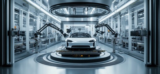 Poster - A white car on a rotating platform in a modern factory, surrounded by robotic arms and machinery.