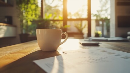 Fototapete - A white coffee mug sits on a wooden table with papers in a sunlit room.