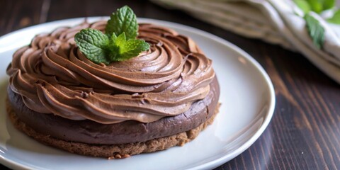 Poster - A decadent chocolate dessert with a delicate swirl of frosting and a fresh sprig of mint, beautifully presented on a white plate.