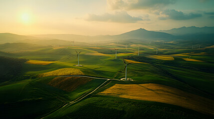 a scenic rural landscape featuring wind turbines amidst sprawling fields, viewed from above, symbolizing the integration of green energy solutions in agriculture highlighted by white, cinema