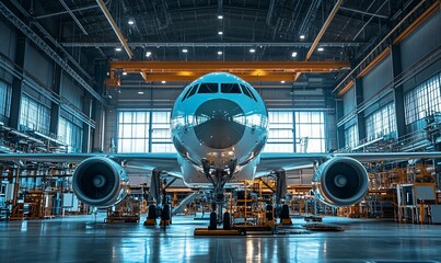Aufkleber - A white passenger airplane is parked in a hangar with a crane in the background.