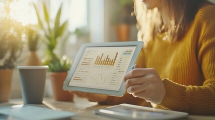 Poster - A woman working on her tablet, analyzing data and charts, at home with a coffee cup, potted plants, and a laptop on the desk.
