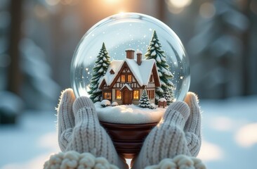 Wall Mural - hands in mittens holding a snow globe with a half-timbered house against the backdrop of a winter forest