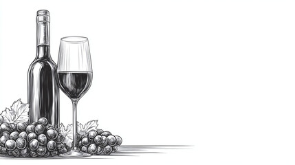 Wall Mural - Sketch design of bottle of red wine with blank label, wineglass & bunches of different grapes on white background. Expensive bottle of chardonnay concept. Copy space, top view, flat lay	