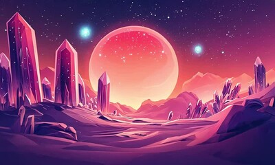 Sticker - Alien landscape with crystal formations and planets illustration cartoon with ai generated.
