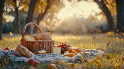 Poster - A charming picnic in a sunlit park featuring a basket overflowing with bread, cheese, and fresh fruit on a warm summer afternoon