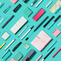Poster - Colorful arrangement of high school supplies including pens, notebooks, paper clips, and more on a vibrant blue background