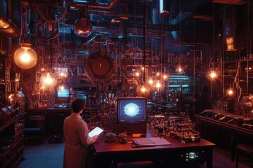 Poster - panoramic view of a laboratory bustling with activity, featuring advanced equipment and ambient ligh