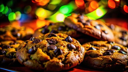 Poster - A close-up of a chocolate chip cookie with a warm, inviting texture, illuminated by a vibrant bokeh of multicolored lights.