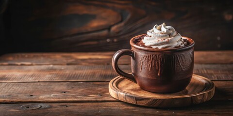Poster - A mug of hot chocolate topped with whipped cream and cocoa powder, resting on a wooden coaster, against a rustic wooden background.