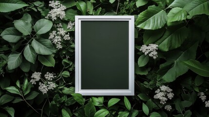 Aufkleber - A minimalistic white photo frame surrounded by lush green leaves and delicate flowers in a serene outdoor setting