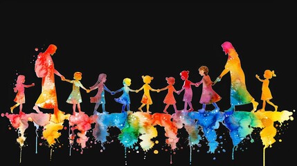 A vibrant illustration of children holding hands with Jesus Christ, symbolizing unity and faith in a colorful, imaginative setting