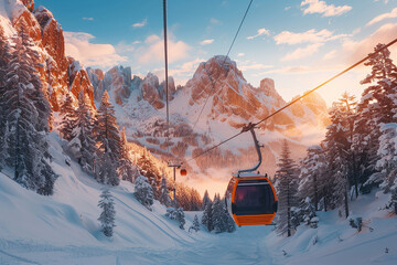 Ski lift in the winter mountain morning. A bright winter day showcases a modern ski lift moving gracefully above tall, snow-laden trees, surrounded by majestic mountains and a clear blue sky	