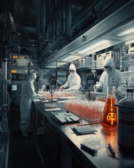 Fototapete - Advanced research activities in a high-tech nuclear power laboratory with scientists conducting experiments during nighttime hours