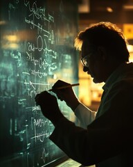 Poster - a brilliant chemist deeply focused on writing complex equations on a glass board in a well-lit labor