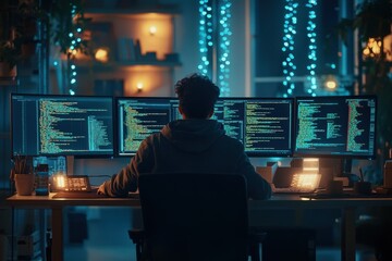 Poster - A skilled AI developer engages with multiple monitors at a desk illuminated by soft blue lights in a modern workspace late at night