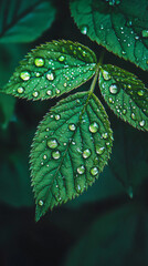 Poster - After the rain: sparkling water drops on green leaves with serrated edges catching the light