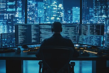 Fototapete - A skilled AI developer works late at night at a desk surrounded by multiple screens in a modern cityscape office