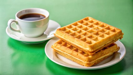 Poster - A simple breakfast of two golden waffles and a cup of coffee on a green table