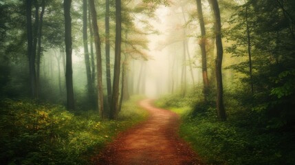 Aufkleber - A winding forest path vanishes into thick fog under soft morning light, inviting exploration on a tranquil day