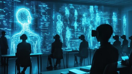 Aufkleber - Futuristic classroom where students explore immersive virtual learning with holographic displays of human anatomy