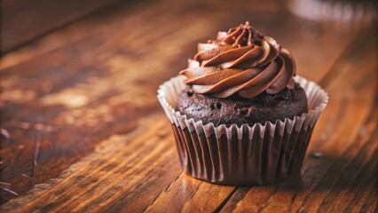 Poster - A solitary chocolate cupcake, its rich frosting swirling with a decadent allure, rests on a rustic wooden surface, inviting a moment of indulgence.