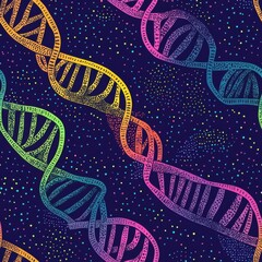 Fototapete - A vibrant display of double-helix DNA strands intertwined in colorful patterns against a dark background