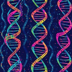 Poster - Colorful abstract representation of double-helix DNA strands on a dark background showcasing intricate scientific patterns