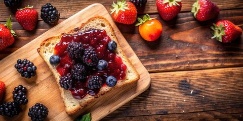 Poster - A slice of toasted bread with fruit preserves, topped with blueberries and blackberries, resting on a wooden cutting board alongside fresh strawberries and a peach