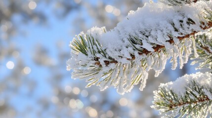 Aufkleber - Snow-covered pine branches glisten under a bright winter sky, showcasing nature's delicate beauty in the heart of winter
