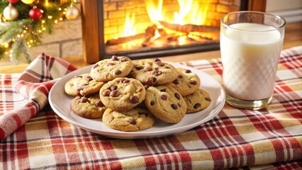 Poster - A plate of freshly baked cookies with a glass of milk on a checkered tablecloth near a cozy fireplace.
