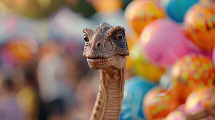 A whimsical dinosaur stands out, curiously gazing amidst colorful balloons at a festive event, blending nostalgia and fun.