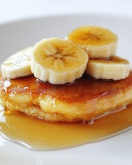 Poster - Golden pancakes topped with banana slices and drizzled with warm caramel sauce on a white plate