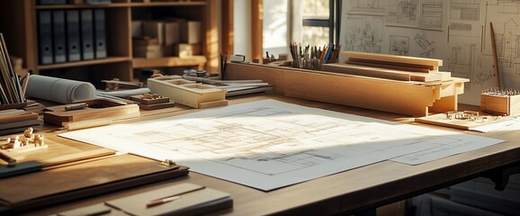 Poster - A wooden table with a blueprint spread out on it, surrounded by pencils, rulers, and other tools.