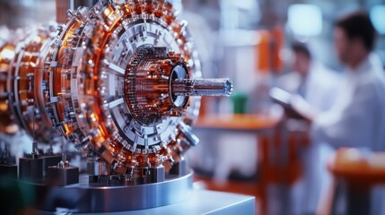 Poster - close-up view of a particle collider model showcasing intricate components in a research lab environ