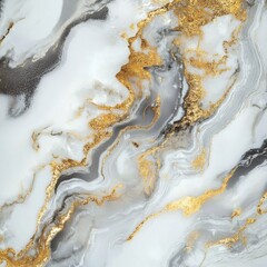Poster - A close-up view of a striking marble texture featuring elegant swirls of gray and gold on a polished surface