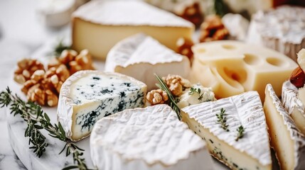 Poster - A vibrant cheese platter featuring a variety of cheeses, nuts, and herbs arranged beautifully for a gathering