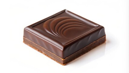 Poster - A single piece of dark chocolate with a swirling design on top, resting on a white surface.