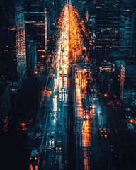 Aufkleber - Close-up aerial view of a busy highway filled with moving cars under rainy conditions in a vibrant urban setting at night