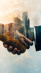 Poster - Two professional men shaking hands in front of urban skyline and greenery, representing successful collaboration and business achievement