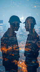 Poster - two engineers in hard hats are conversing against a night skyline with city lights