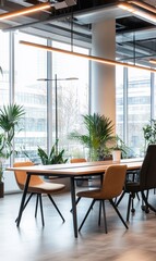 Wall Mural - Modern office meeting room with large windows, wooden table, and comfortable chairs.