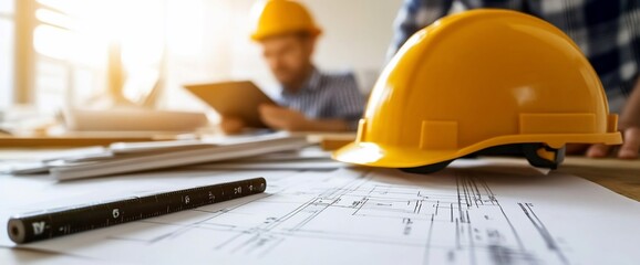 A yellow hard hat rests on blueprints, with an out-of-focus architect looking at a tablet in the background.