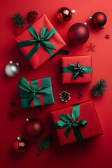 Elegant vertical Christmas presents wrapped with green ribbons surrounded by festive ornaments on a red background creating a joyful holiday atmosphere