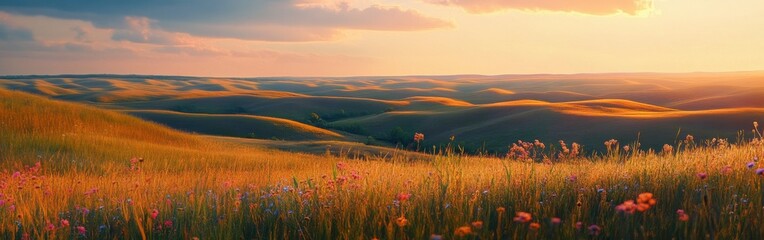 Poster - A stunning sunset over the Flint Hills showcasing rolling grasslands and wildflowers in vibrant colors during golden hour