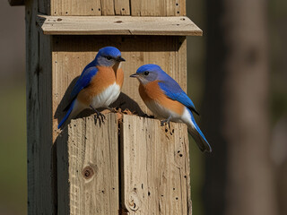 Wall Mural - A pair of Eastern Bluebirds on a nesting box in Spring.