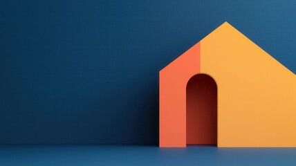 A colorful, abstract depiction of a house structure against a dark blue background, featuring geometric shapes and a minimalist design.