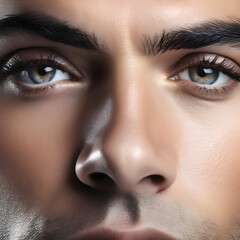 Close-up of a young man's face with shiny black hair, thick dark eyebrows, sharp and confident eyes, and a healthy complexion.